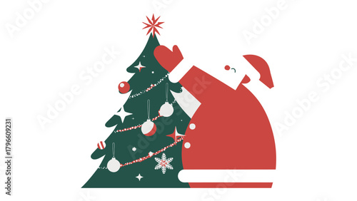 Holiday Season Adornment: An illustrated figure dressed as Santa Claus puts the finishing touches on a festive Christmas tree, adorning it with ornaments and holiday cheer.