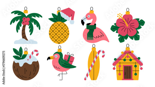Festive Tropical Ornaments: A vibrant collection of playful, holiday-themed ornaments infused with tropical elements, each a miniature burst of celebration and joy.