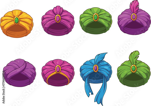 Colorful turbans, traditional headwear, cultural fashion, ethnic style, festive accessories, ornamental design, vibrant fabric, Indian turban, royal crown, ceremonial costume