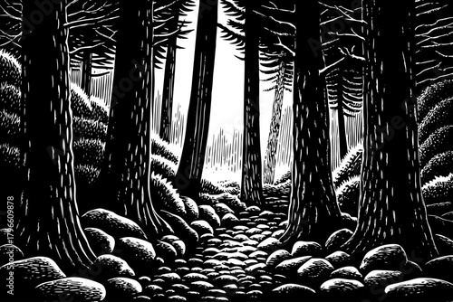 Cold fog flows slowly between tall trees as dawn begins, creating a mysterious dreamlike atmosphere over the silent snow covered ground