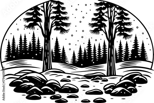 Cold fog flows slowly between tall trees as dawn begins, creating a mysterious dreamlike atmosphere over the silent snow covered ground