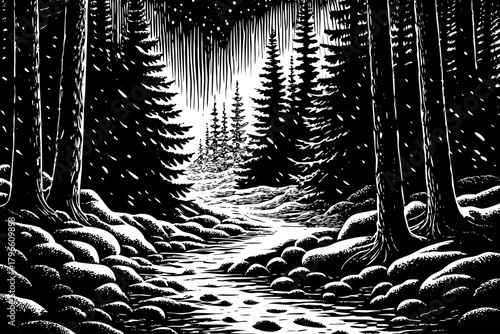 Cold fog flows slowly between tall trees as dawn begins, creating a mysterious dreamlike atmosphere over the silent snow covered ground