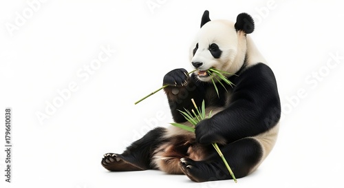 A giant panda sits and eats bamboo shoots against a plain white background.
