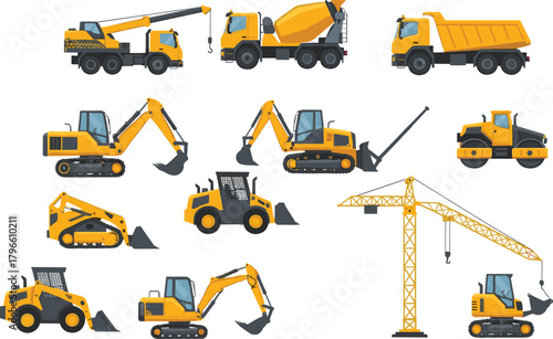 Construction vehicles illustration, heavy machinery equipment, excavator, bulldozer, crane, loader, roller, dump truck, concrete mixer, skid steer, colorful vector