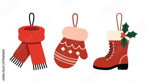 Festive Winter Ornaments: Capture the enchantment of the season with these charming ornaments, a scarf, a mitten and a boot, perfect for evoking the cozy magic of winter.