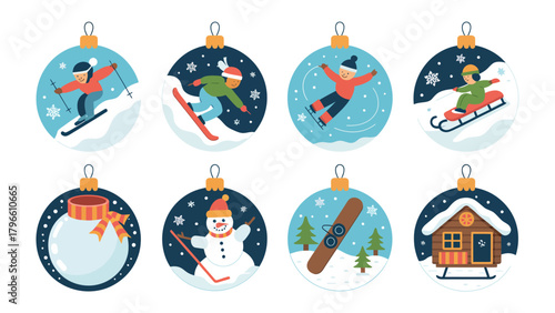 Festive Ornaments of Winter Fun: A collection of decorative ornaments showcases winter activities, depicting skiing, snowboarding, sledding, and other winter holiday delights. 