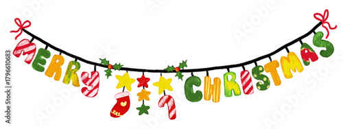 Cute colorful christmas xmas bunting flag garland doodle hand drawn watercolor crayon party celebration greeting card kids illustration clipart png