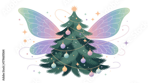 Enchanted Christmas: A whimsical illustration of a Christmas tree with fairy wings, decorated with ornaments and lights, emanating holiday magic and charm.