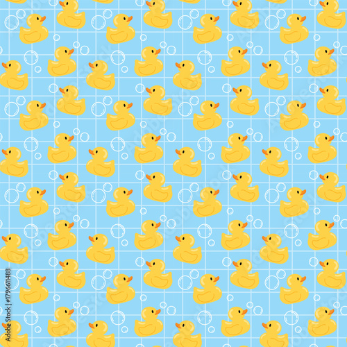 Cute Seamless Yellow Rubber Duck with Soap Bubble on Blue Background, Nursery Repeated Duckling Toy Pattern Wallpaper, Playful Duck Toy Print illustration