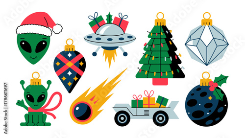 Intergalactic Holiday Ornaments: A vibrant collection of Christmas ornaments, each with a unique, festive twist, ranging from an extraterrestrial theme.