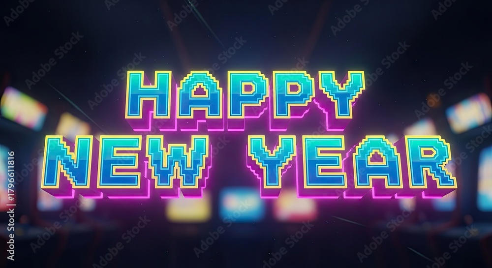 Obraz premium Retro Arcade Neon Happy New Year Celebration