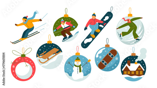 Winter Sports Ornaments: Festive holiday decorations showcasing various winter sports, capturing the spirit of winter activities and seasonal cheer.