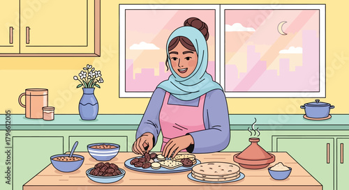 Woman in hijab preparing food in a kitchen with ingredients and dishes on the counter.