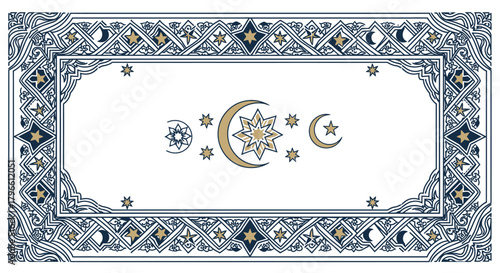 Islamic prayer rug with crescent moons and stars on a white background.