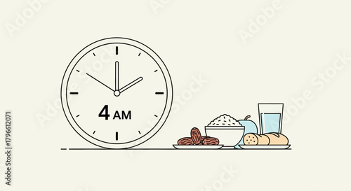 Illustration of Suhoor meal at 4 AM, including dates, rice, fruit, bread, and water.