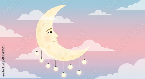 Crescent moon with face and hanging lights in a pastel sky with clouds.