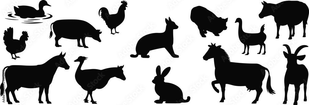Fototapeta premium Farm animal silhouette set, black vector icons of livestock and poultry for agriculture, education, rural life, and design themes