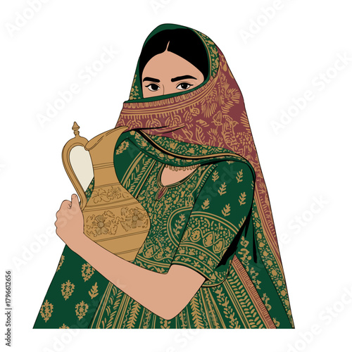 eastern women in veil with carrying jar