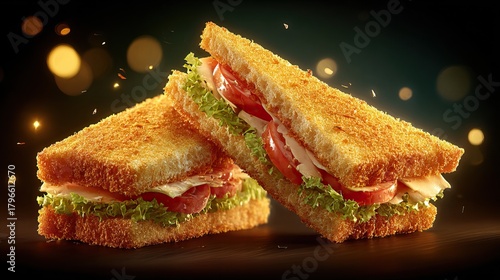 Delicious toasted sandwiches with fresh vegetables and cheese, studio shot.
