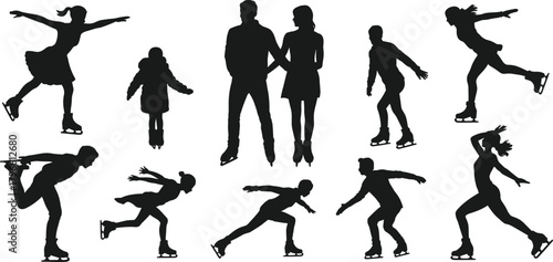 Ice skating silhouette set, black vector skaters in dynamic poses for winter sports, figure skating, lifestyle, and design illustration