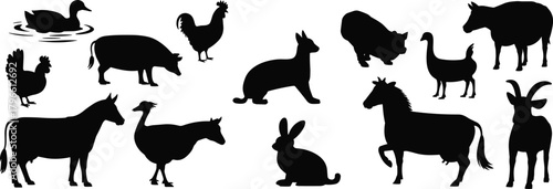 Farm animal silhouette set, black vector icons of livestock and poultry for agriculture, education, rural life, and design themes