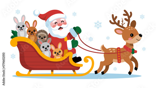 Christmas Delight: Santa Claus embarks on a joyful journey, his sleigh pulled by a spirited reindeer, carrying cheerful animal companions through a winter wonderland filled with festive cheer.