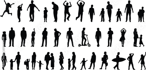 Human activity silhouette set, black vector people in diverse poses and interactions for lifestyle, behavior, design, and illustration themes