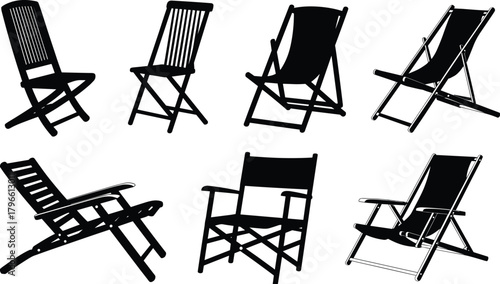 Folding chair silhouette set, black vector seating designs with varied styles for furniture, interior, event, camping, and ergonomic illustration