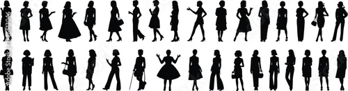 Fashion silhouette collection, stylish women poses, diverse outfits, black vector design, character concept, trendy clothing, accessories, hairstyle, walking stance, elegance