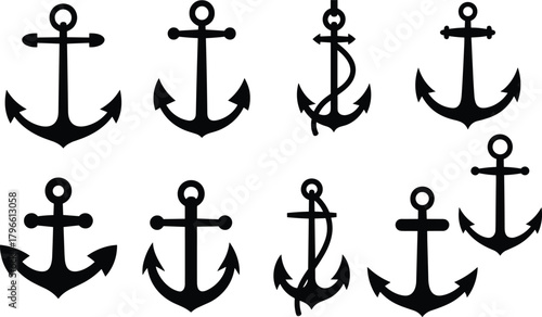 Anchor icon set, nautical symbols collection, marine navigation design, sea travel element, black anchor silhouette, sailor and ocean theme illustration