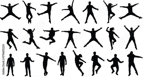 Human silhouette poses, dynamic motion icons, jumping, dancing, stretching, expressive body language, black figures, anatomy study, vector design