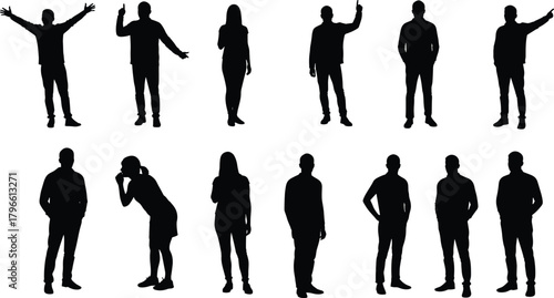 Human silhouette poses, gesture icons, body language set, standing figures, black outline, posture collection, motion study, vector design