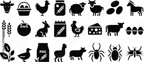 Farm animal icon set, agriculture food silhouette, rural life vector, black farming symbols, livestock clipart, organic produce illustration