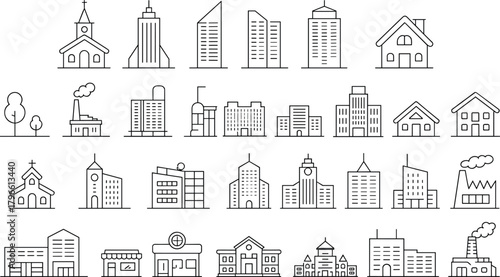 Building architecture icon set, black line vector illustration, residential commercial structures, urban design clipart, cityscape elements, infrastructure symbols