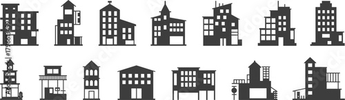 Building silhouette icon set, black architecture vector, urban housing illustration, modern apartment clipart, residential structure design, cityscape elements