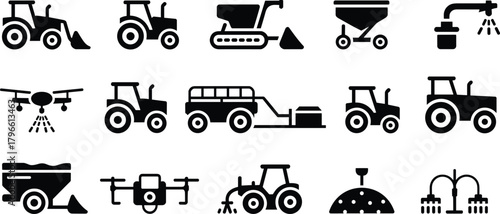 Agricultural machinery icon set, black farming equipment vector, irrigation system illustration, drone tractor clipart, modern agriculture tools