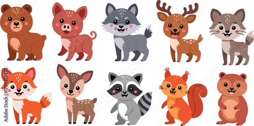 Cute forest animals cartoon set, woodland wildlife illustration, baby animal characters, kids educational art, nursery decor, vector clipart