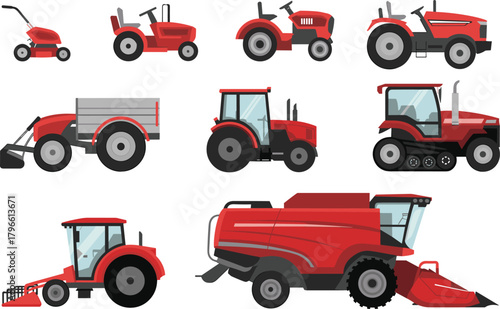 Farming machinery icons, red tractors, agricultural vehicles, combine harvester, hay rake, push mower, farm equipment, stylized vector illustration