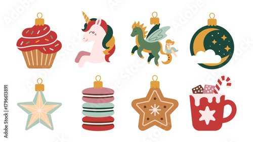 Whimsical Christmas Ornaments: A delightful assortment of festive ornaments, including a cupcake, unicorn, pegasus, moon, star, macarons, gingerbread star, and hot cocoa, ready to bring cheer. 