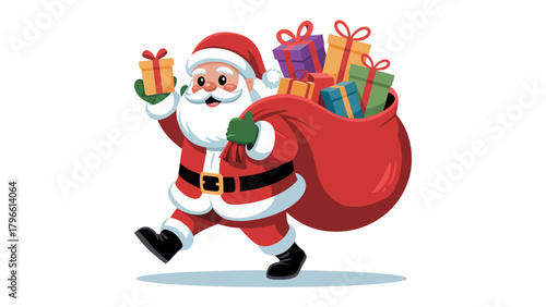 Holiday Cheer: Santa Claus with gift, Walking Santa, cheerful festive illustration. Santa strides joyfully, carrying a sack overflowing with vibrant gifts, ready to spread Christmas cheer.
