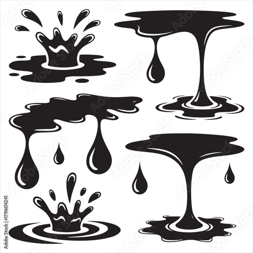 Liquid Splash and Dripping Silhouette Vector Set — Water Ripples, Drops, and Dripping Shapes in Black