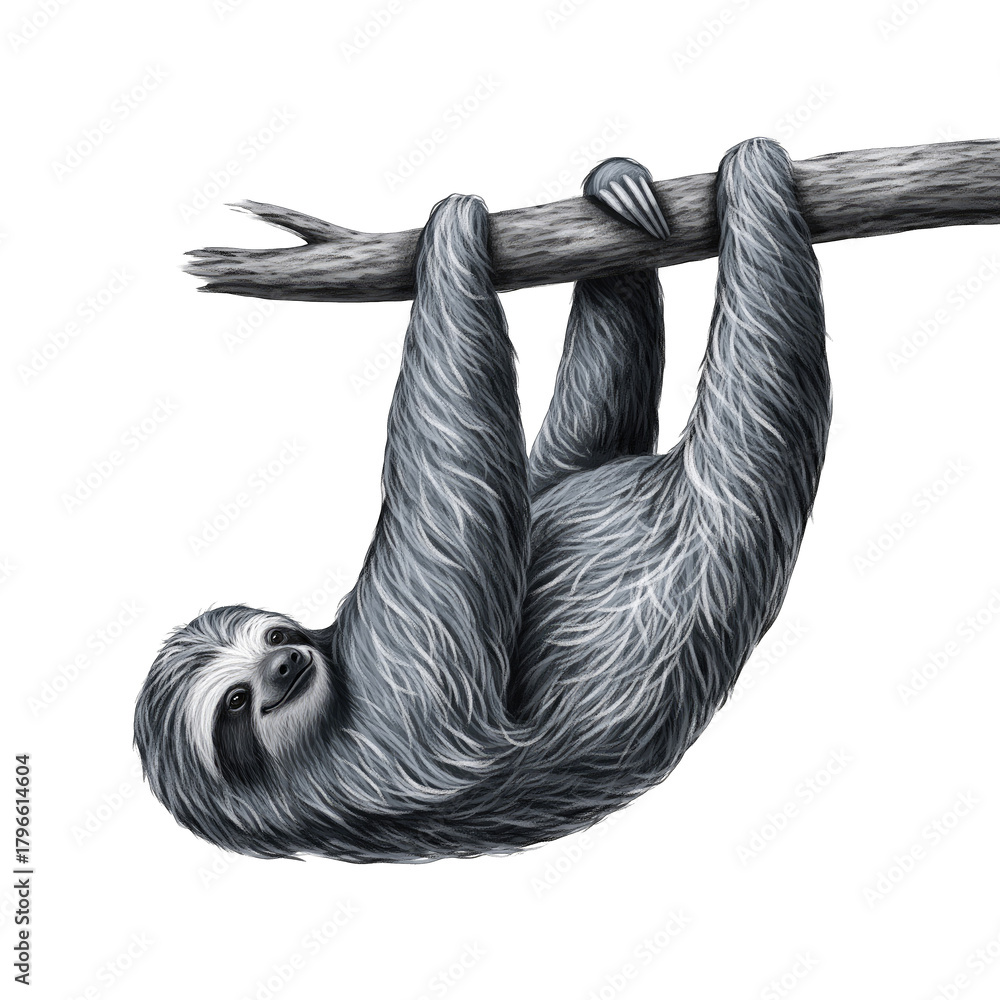 Fototapeta premium Detailed illustration of a sloth hanging from a tree branch in grayscale with a black background suitable for educational or wildlife themes
