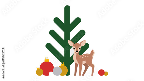 Festive deer Illustration: a delightful holiday illustration showcasing a charming deer, adorned with ornaments in front of a christmas tree. Evoking feelings of warmth and cheer.