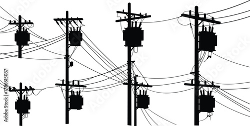 Silhouette of multiple utility poles with transformers, overhead power lines, voltage grid, energy distribution infrastructure, electricity supply illustration, flat vector