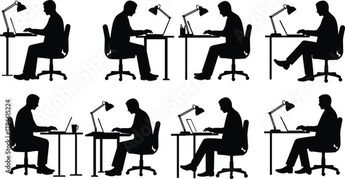 Office worker silhouettes, desk job vector, computer workspace illustration, ergonomic chair design, business productivity, remote work, teamwork, modern workplace, technology, lifestyle