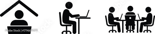 Remote work silhouette, home office vector, coworking team illustration, laptop desk icon, workplace diversity, business collaboration, digital workspace, modern job