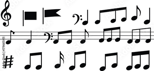 Music notation icons set, treble clef, bass clef, sharp, quarter note, eighth notes, repeat sign, staff, vector illustration symbols