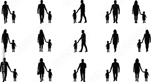 Parent child silhouettes, family icons, adult holding hands, children figures, guardianship, parenting concept, childhood development, social interaction, family care, flat vector
