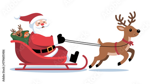 Christmas Eve Ride: Santa Claus joyfully pilots his sleigh through the starry night sky, his reindeer leading the way, filled with gifts.