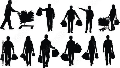 Shopping silhouettes collection, people with bags, pushing carts, retail consumer activity, buying goods, market lifestyle, commerce, purchase behavior illustration -flat vector